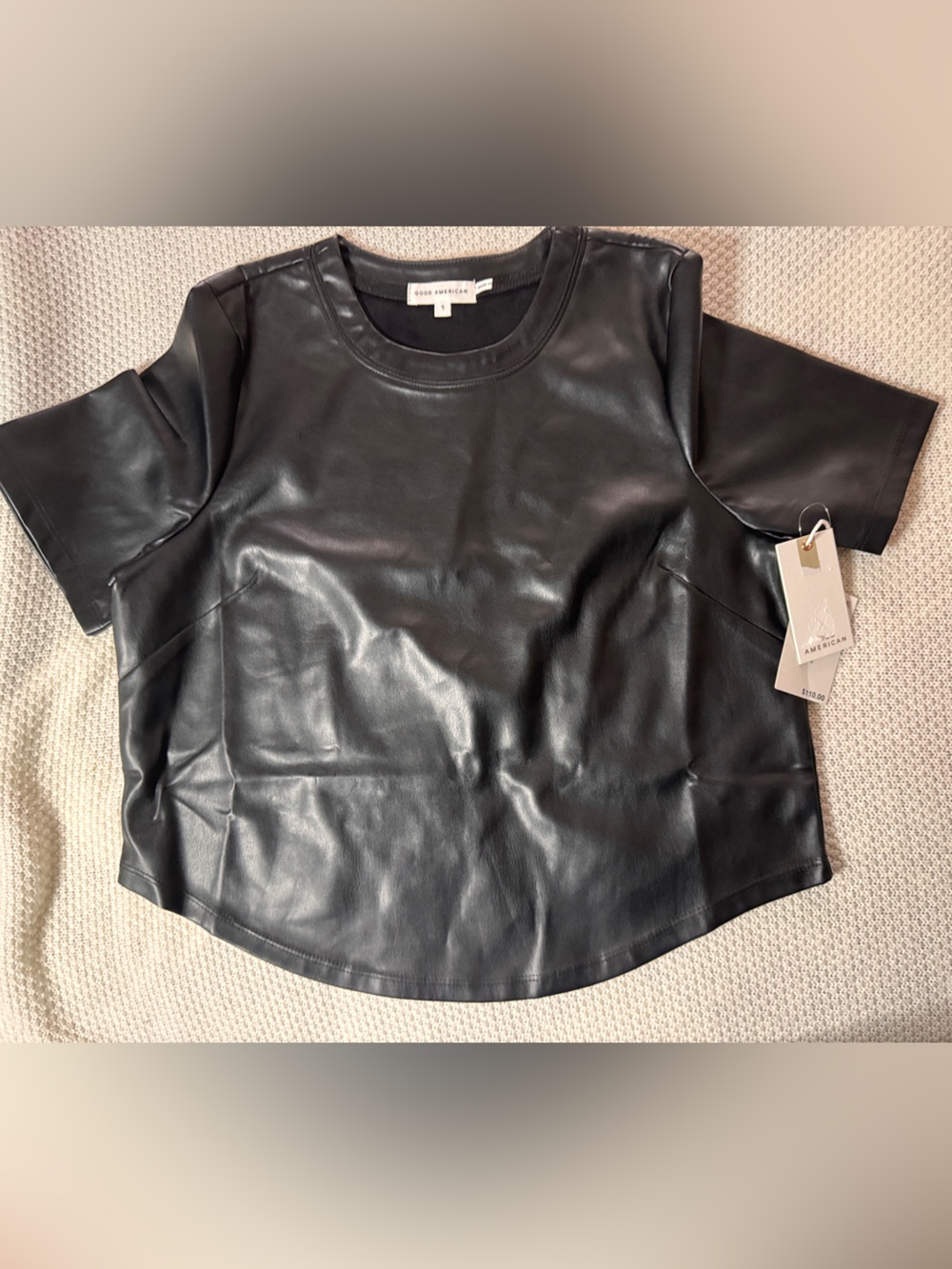Good American Black Faux Leather Crewneck Top
